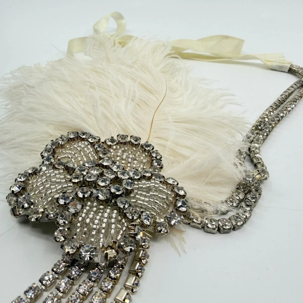 Y2K Gatsby Flapper Feather Headpiece Rhinestone Bridal Statement Headband 1920s